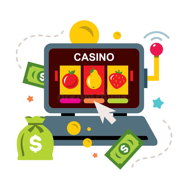 animerad laptop med casino, pengasäck och sedlar